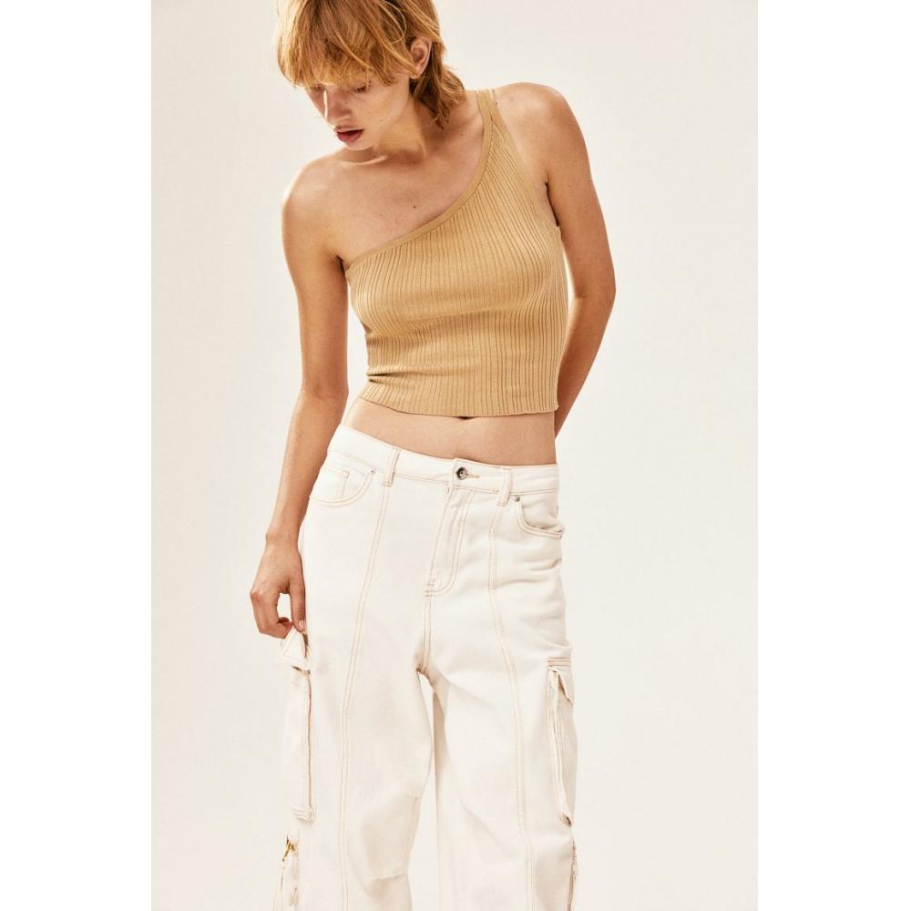 

Топ на одно плечо в рубчик HM, бежевый