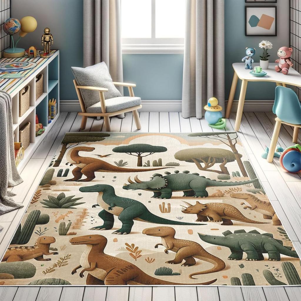Dinosaur Decorative Rug,Jurassic Scenario Cartoon Animals in Wilderness Cloudy Sunrise Back, Quality Carpet for Bedroom Dorm and