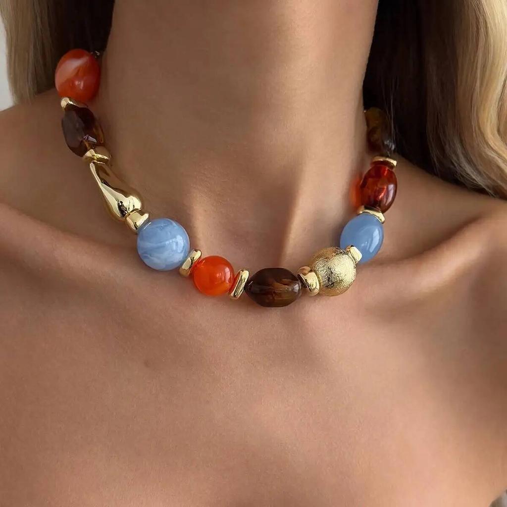 SHIXIN Bohemian Summer New Colored Resin Beaded Beaded Chokers Necklaces Women Vintage Elegant Adjustable Clavicle Chain Jewelry