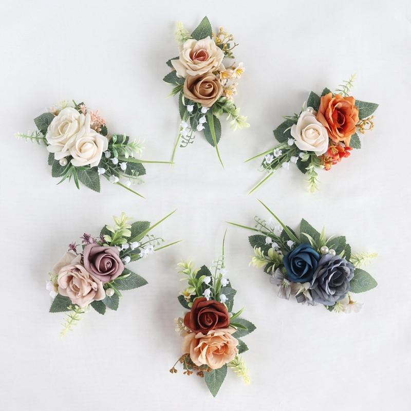 Handmade Flower Wristbands Wrist Flower Realistic Rose Boutonniere for Bridesmaid and Event Decoration Optional Color