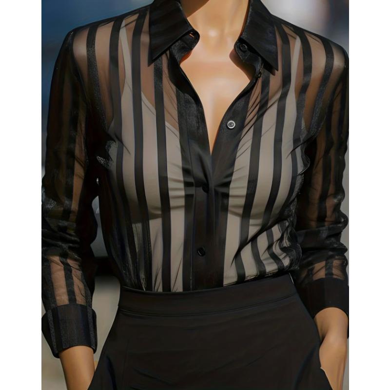 Новый стиль Весна-Лето Сексуальная Прозрачная Полосатая Свободная Рубашка с Рукавами S чёрный