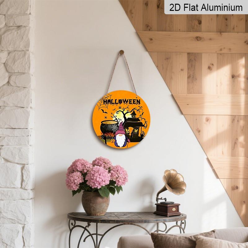 2D Flat Aluminum Decorative Plaques and Ornaments Sign, Halloween Hanging Plaque with Witch Gnome, Haunted House, Cauldron, Pumpkin and Bat Design