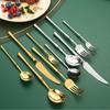 304 stainless steel cutlery set: knife, fork, spoon, steak knife, and coffee spoon.