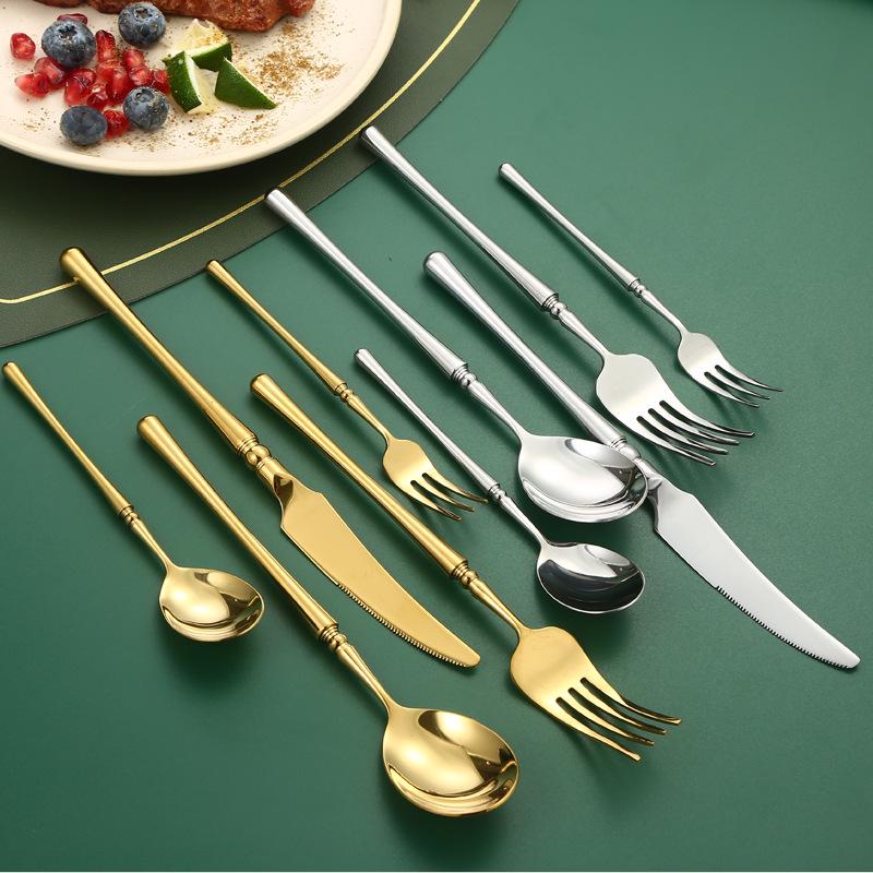 304 stainless steel cutlery set: knife, fork, spoon, steak knife, and coffee spoon.