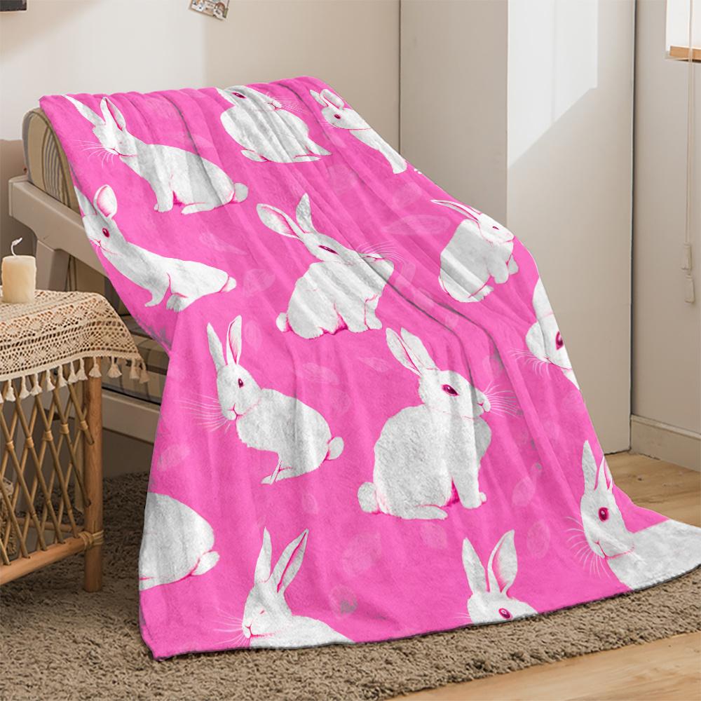 Pink background white rabbits cute animal pattern flannel blanket soft cozy throw blanket gift for girls and kids