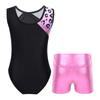 Girls Dance Leotard Sleeveless Patchwork Print Metallic High Waist Shorts Gymnastics Performance Outfit