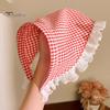 Women Headband Plaid Print Lace Stitching Triangle Scarf Non-Slip Headband Pastoral Style Hair Hoop Hair Accessory