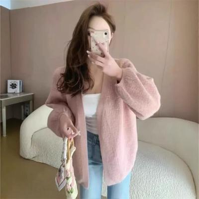 New Simple Lantern Sleeve V-neck Versatile Knitted Cardigan Women's Basic Solid Color Knitted Cardigan Jacket