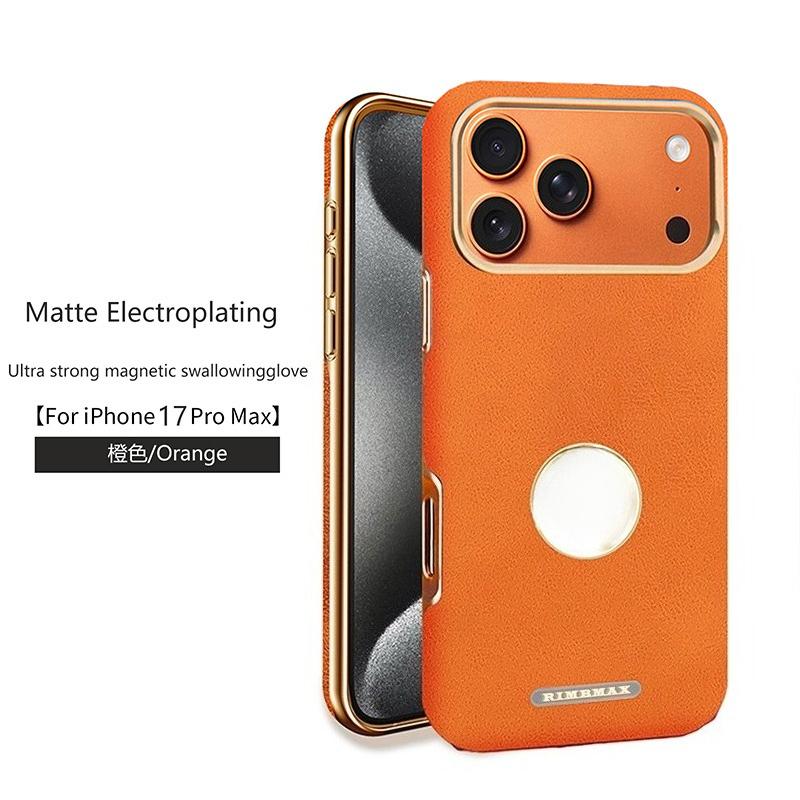 

Plating Leather Phone Case for iPhone 17 Pro Max Air 16 15 Plus 14 13 12 Pro Aluminium Lens/Button/Bumper Magnetic Hard Cover iPhone Air помаранчевий
