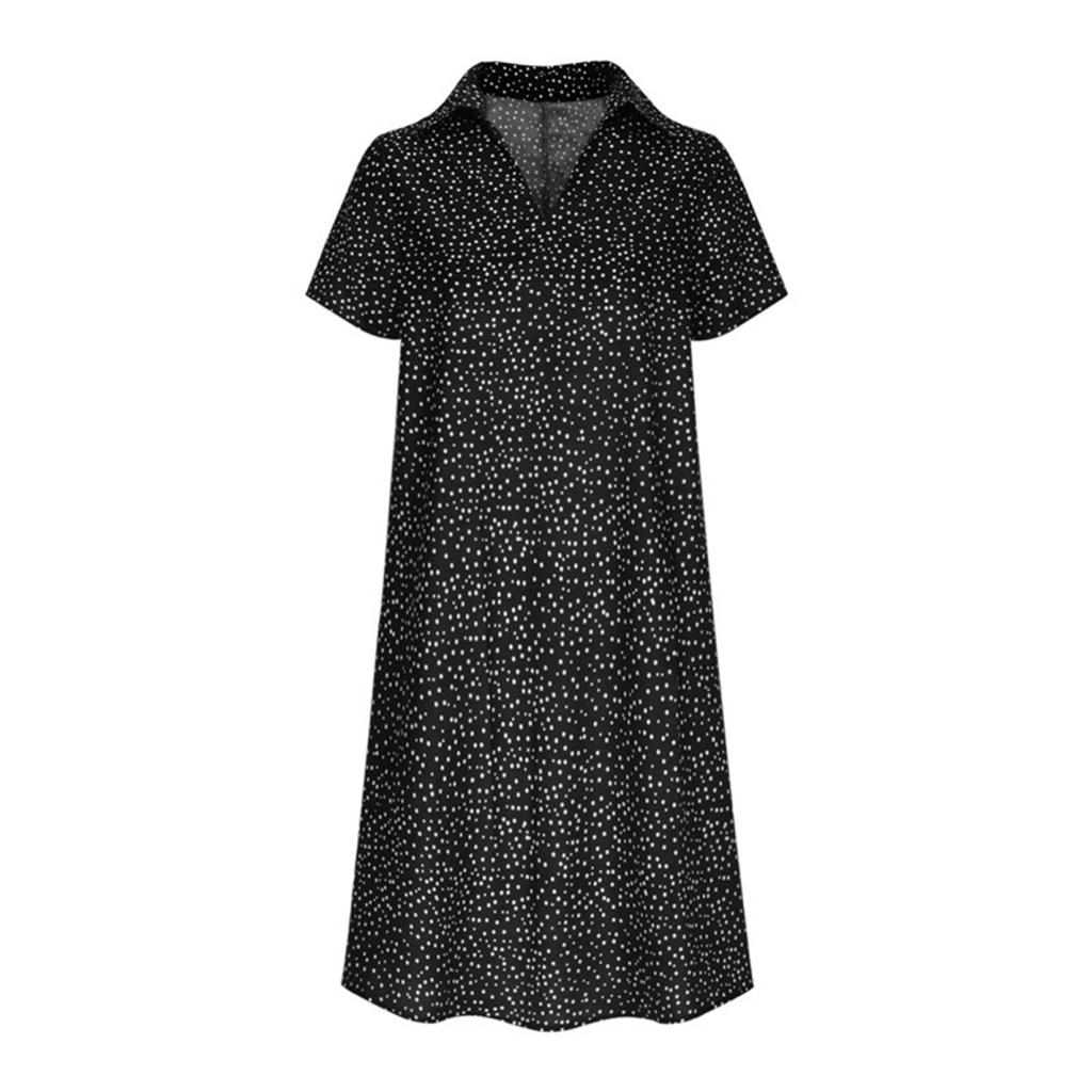 Yousheng Summer Dress Dot Printing Short Sleeves Loose A-line Shirt Dress V Neck Knee Length Midi Dress for Dating Travel Vacation