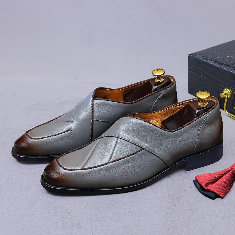 Sapatos Sociais Masculinos Moda Europeia Retrô Sapatos Loafer de Couro Genuíno Cinza Casuais para Negócios Festa Formais para Homens