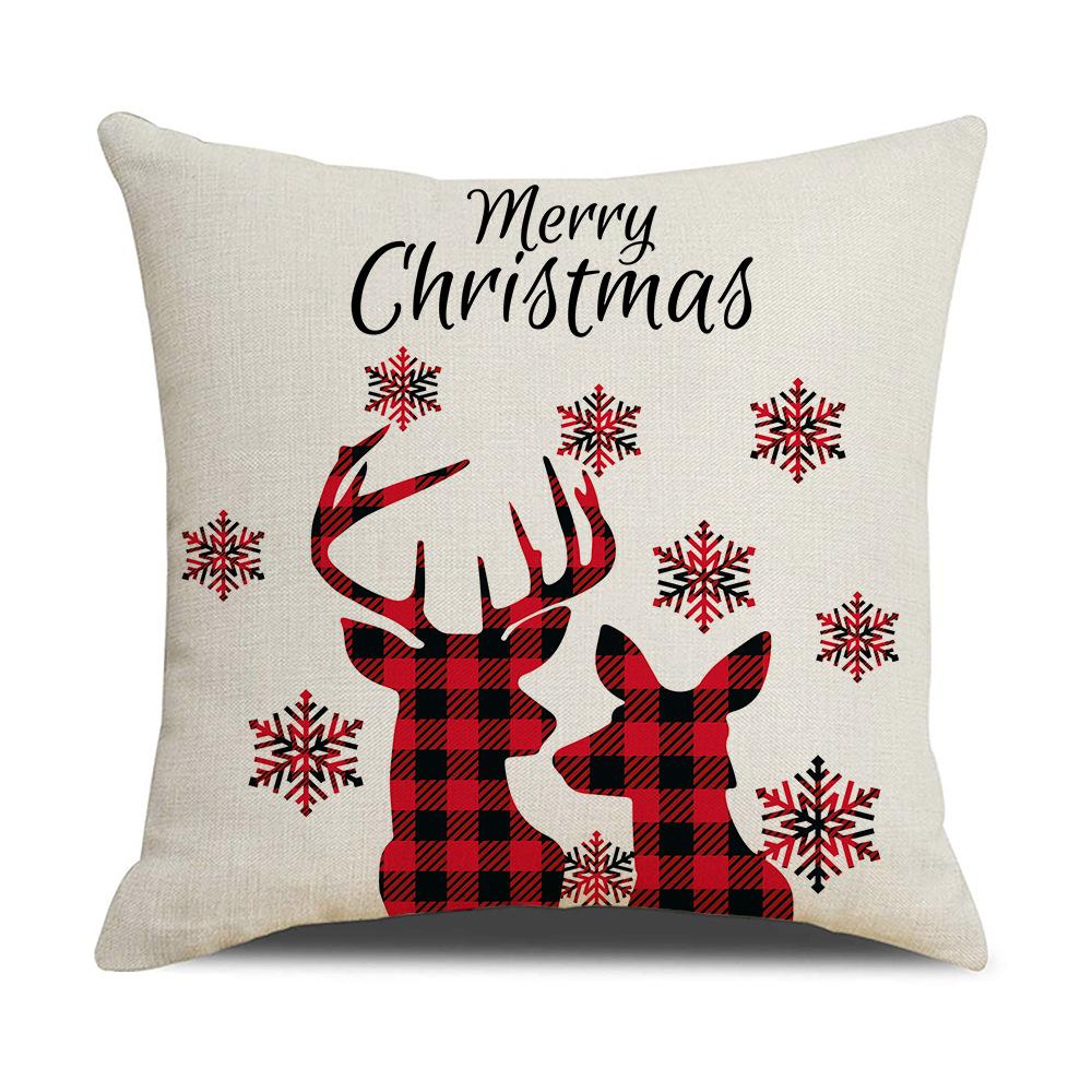 Red and Black Plaid Christmas Pillow Cover Cartoon Print Linen Sofa Cushion Cover Pillow
