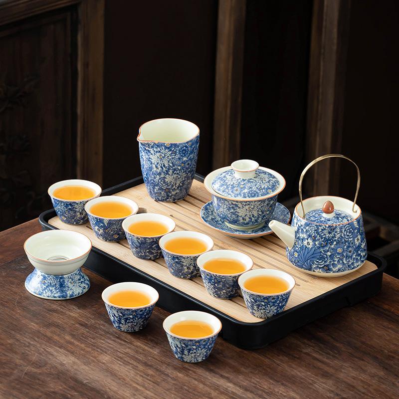 Kung Fu tea set household retro ceramic high-end gift box blue and white retro tea set business enterprise