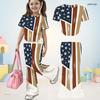 Girls Round Neck Short Sleeve Printed Top And Flared Pants Two Piece Set