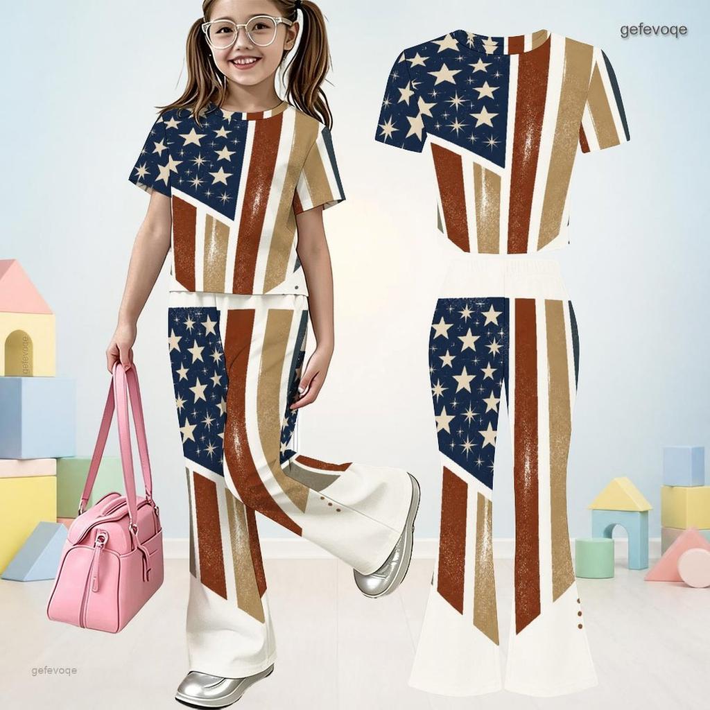 Girls Round Neck Short Sleeve Printed Top And Flared Pants Two Piece Set