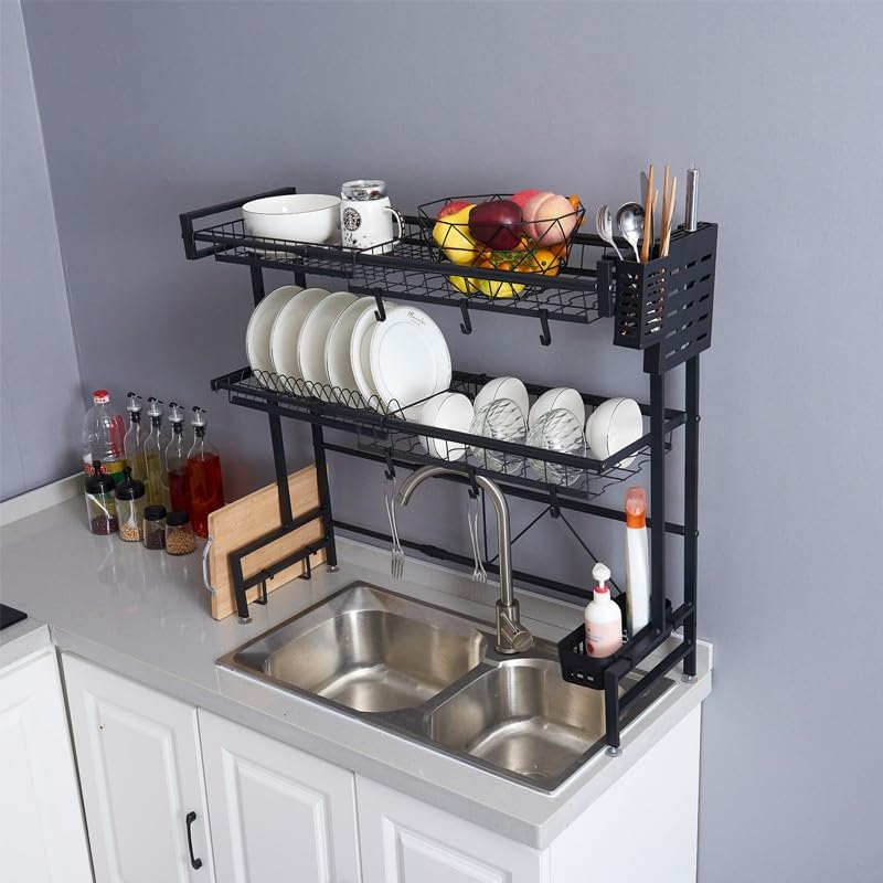 

COBIVI Сушилка для посуды над мойкой Большая 2-ярусная Автоматическая Над мойкой Легкая в установке Компактная Высота 55 см Расширяемая Двойной поддон, Мойка, Стойка, Вместимость, чёрный