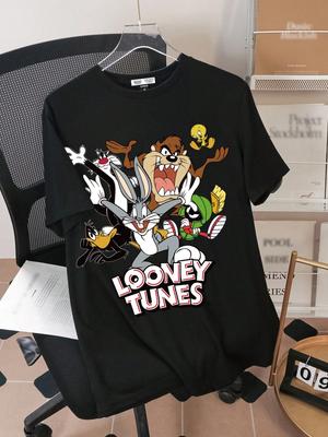 Men's Cartoon Animal Letter Print Short Sleeve T-Shirt Summer Casual Cotton Oversized Y2k Ladies Clothes Woman Men Clothing Tees
