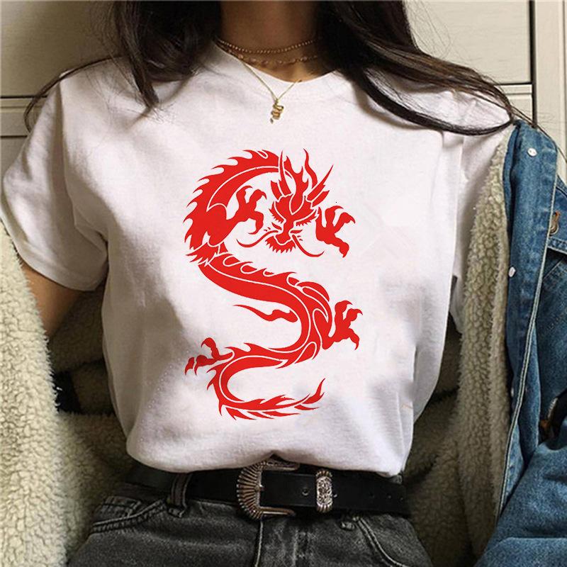 Harajuku Chinese Dragon Print Popular Fashion Trend Largesized Thin Unisexs and Womens Same Shortsleeved Tshirt Graphic