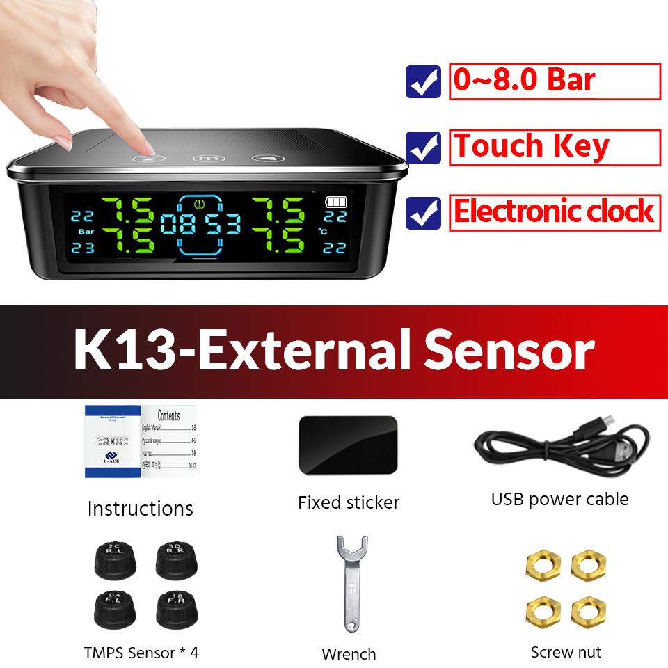 

Солнечная TPMS Система контроля давления в шинах Сигнализация низкого давления и высокой температуры ЖК-дисплей Простая установка для легковых автомобилей внедорожников External Sensor