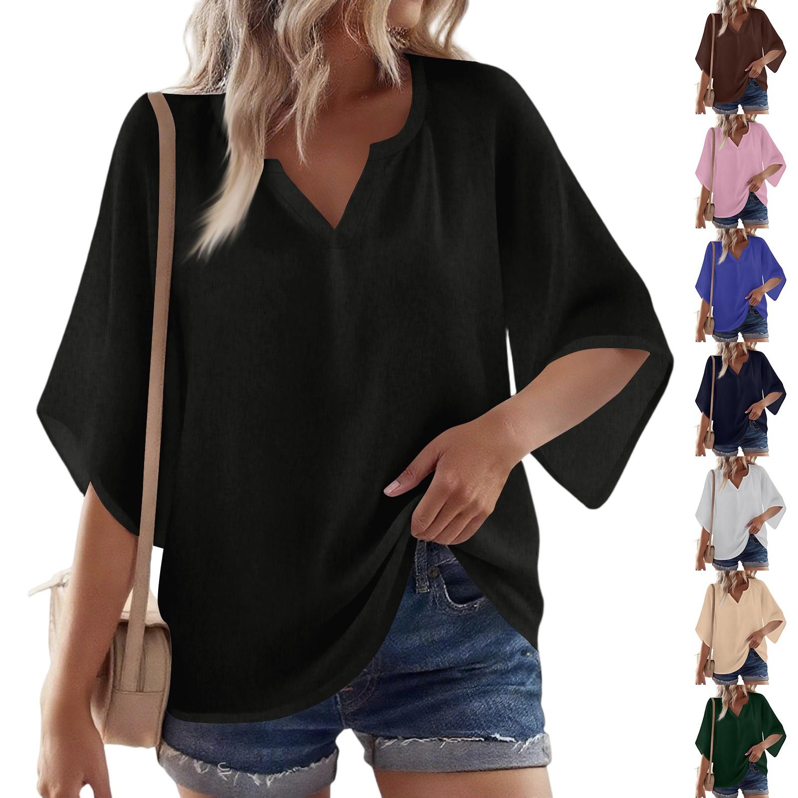 

Women s 3/4 Sleeve V Solid Shirt Casual Loose Tunic Top XL бежевий