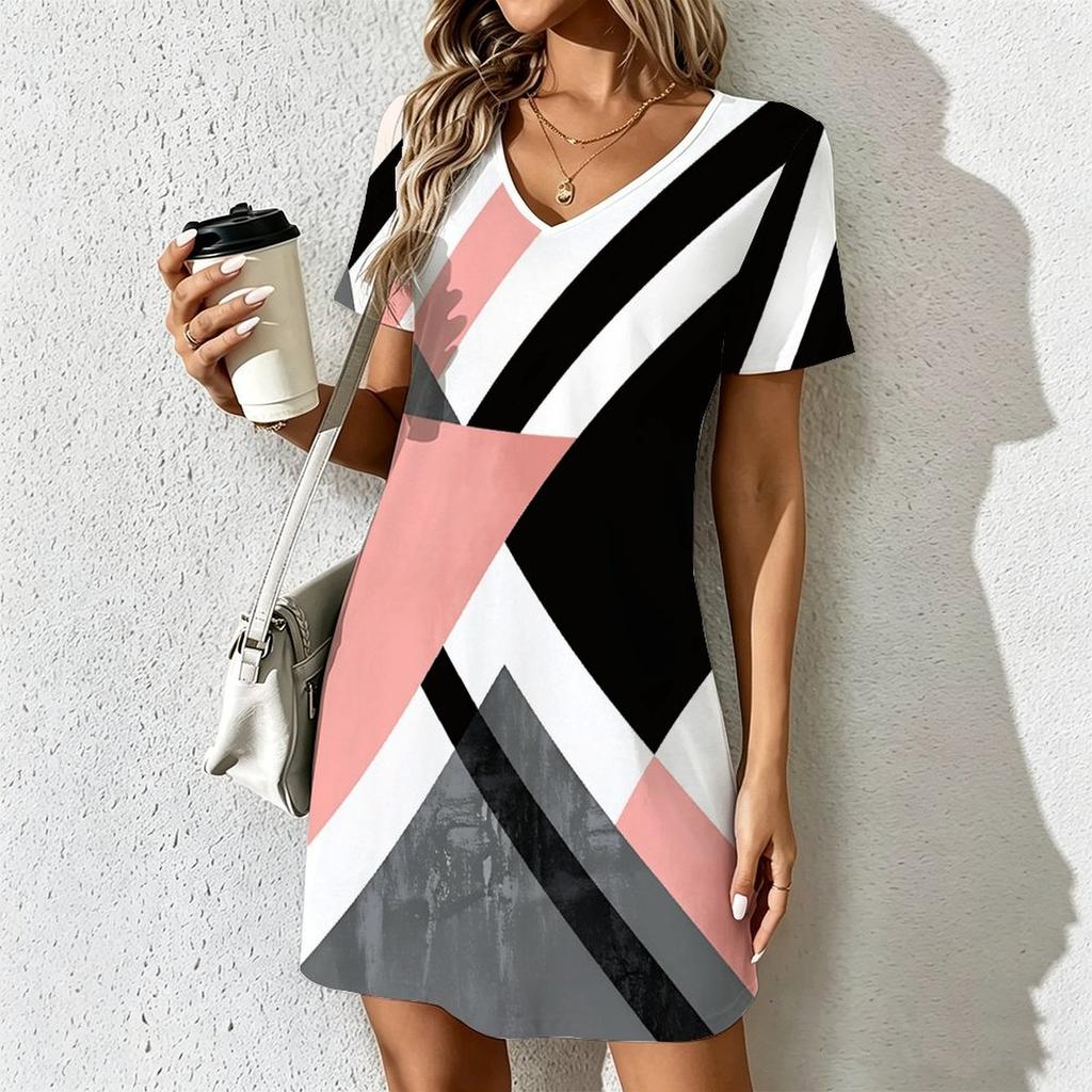 Mode d'été pour femmes Robe à col en V à manches courtes avec imprimé géométrique rétro Jupe courte sexy Robes