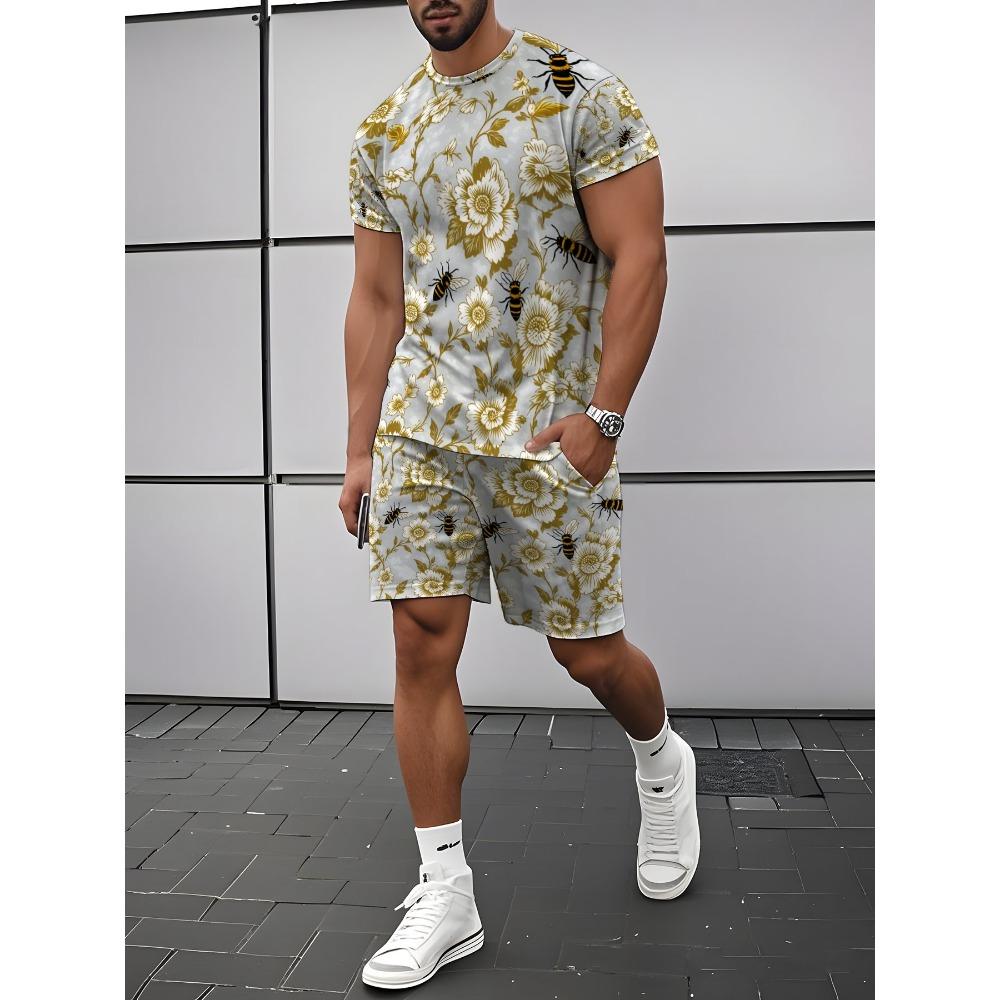 Men's Outdoor Leisure Sports 3D Printed Round Neck Short Sleeved T-shirt and Shorts Set Trendy and Fashionable Men's T-shirt