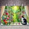 2D Cat at Open Window Tapestry Garden View with Flowers and Butterflies Backdrop