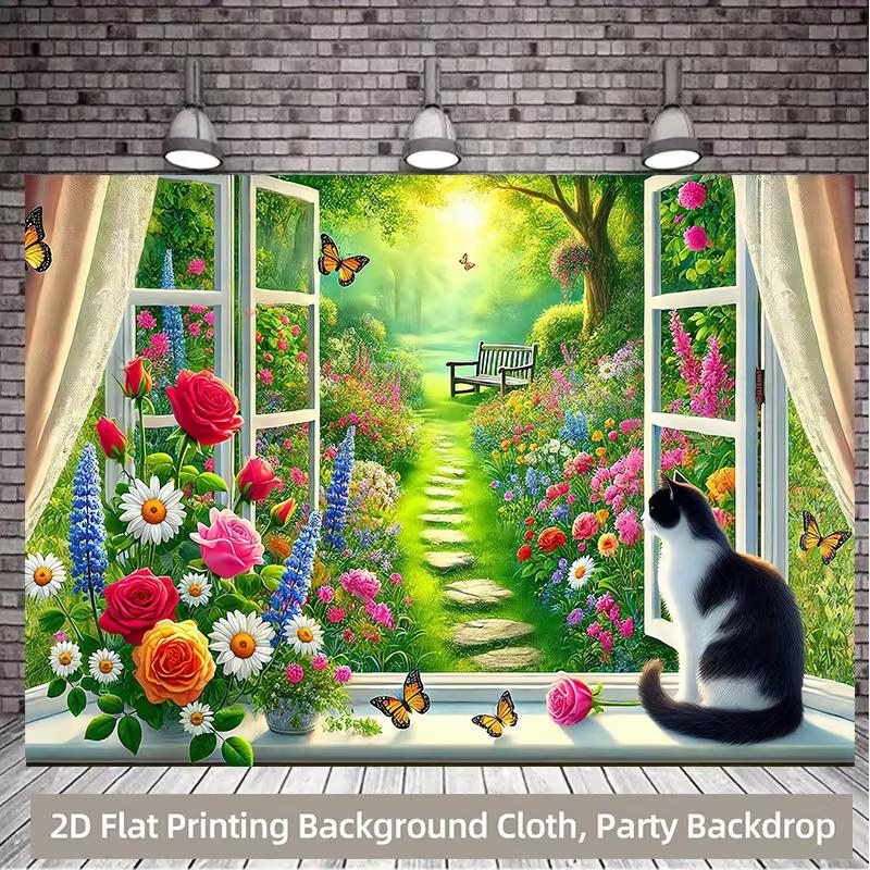 

2D Black and White Cat Photography Backdrop Garden Window Background 47.2x31.5inch/120*80cm