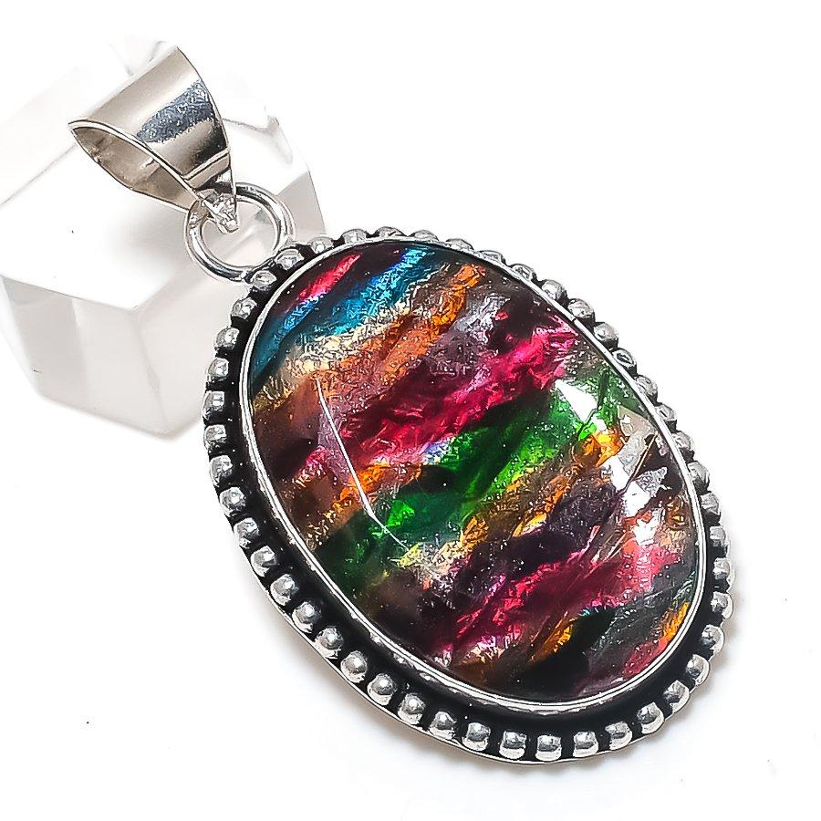 Natural Ammolite Gemstone 925 Sterling Silver Jewelry Pendant 1.97" u2n52