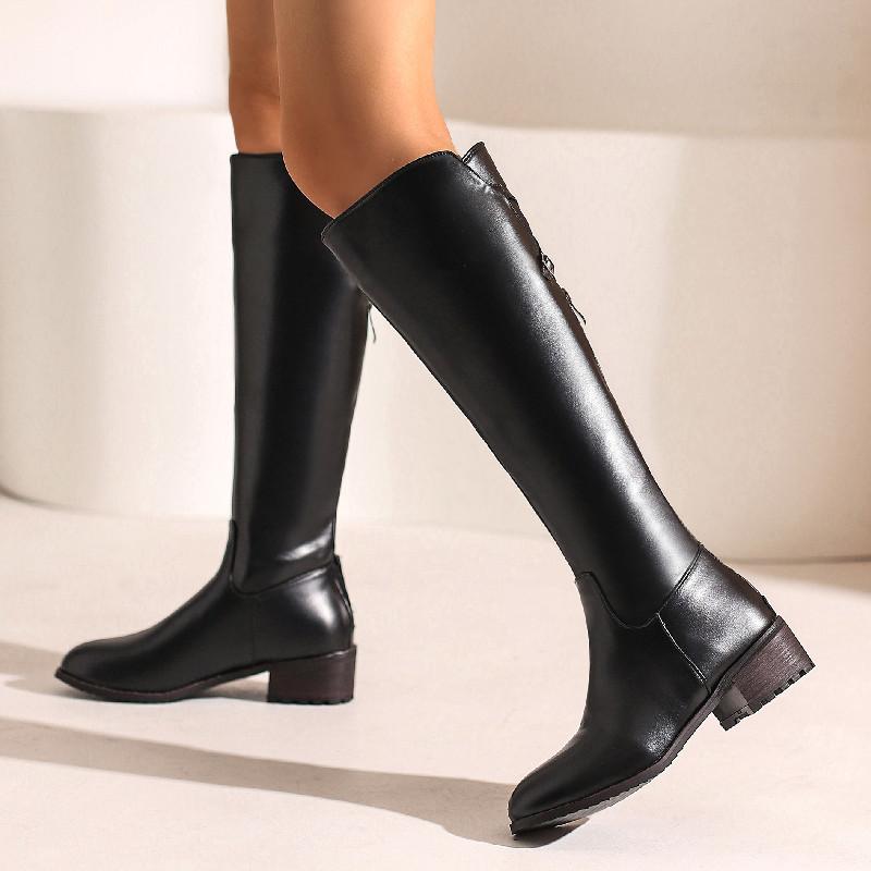 Vintage Knee High Boots Women Black PU Leather Low Heels Buckle Riding Boot Female Winter Shoes Ladies Large Size 48 Brand