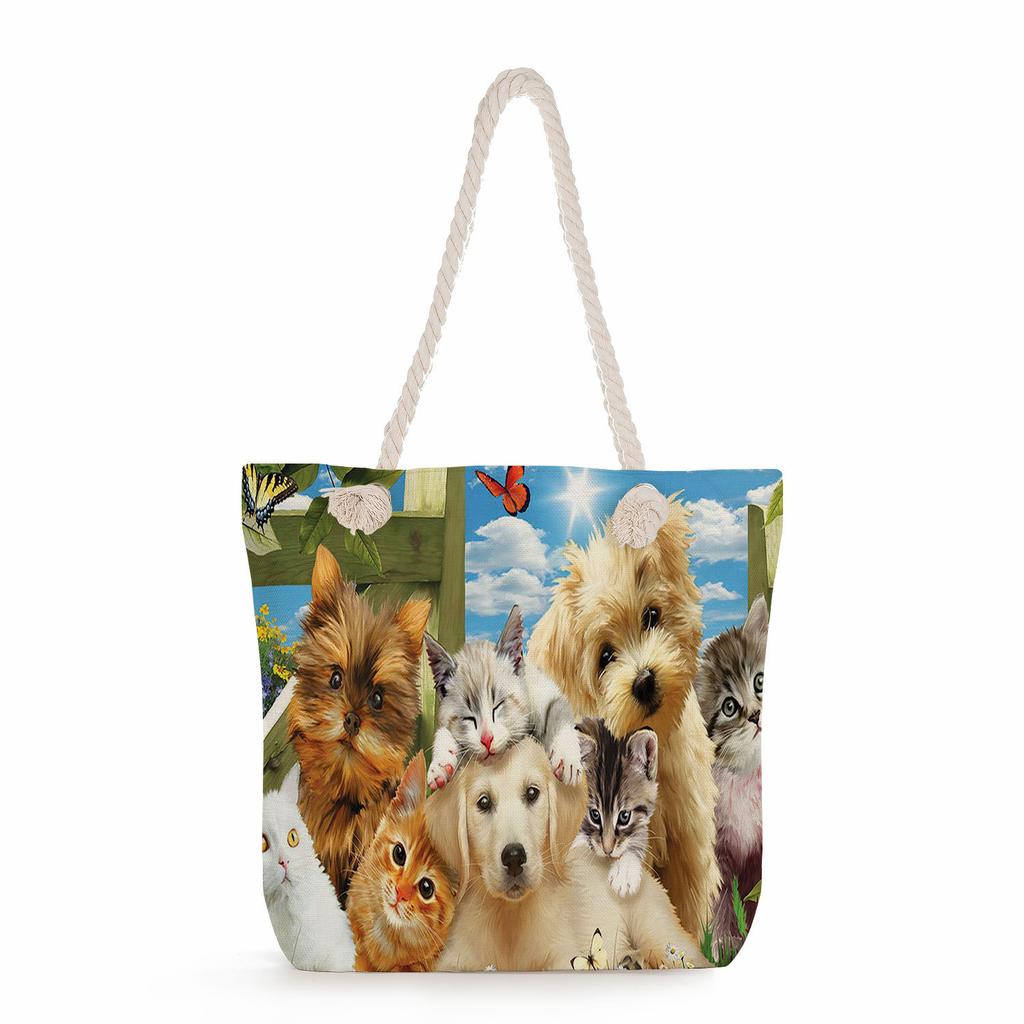 Flower Cat Print Thick Rope Single-shoulder Beach Bag 7269 CLE