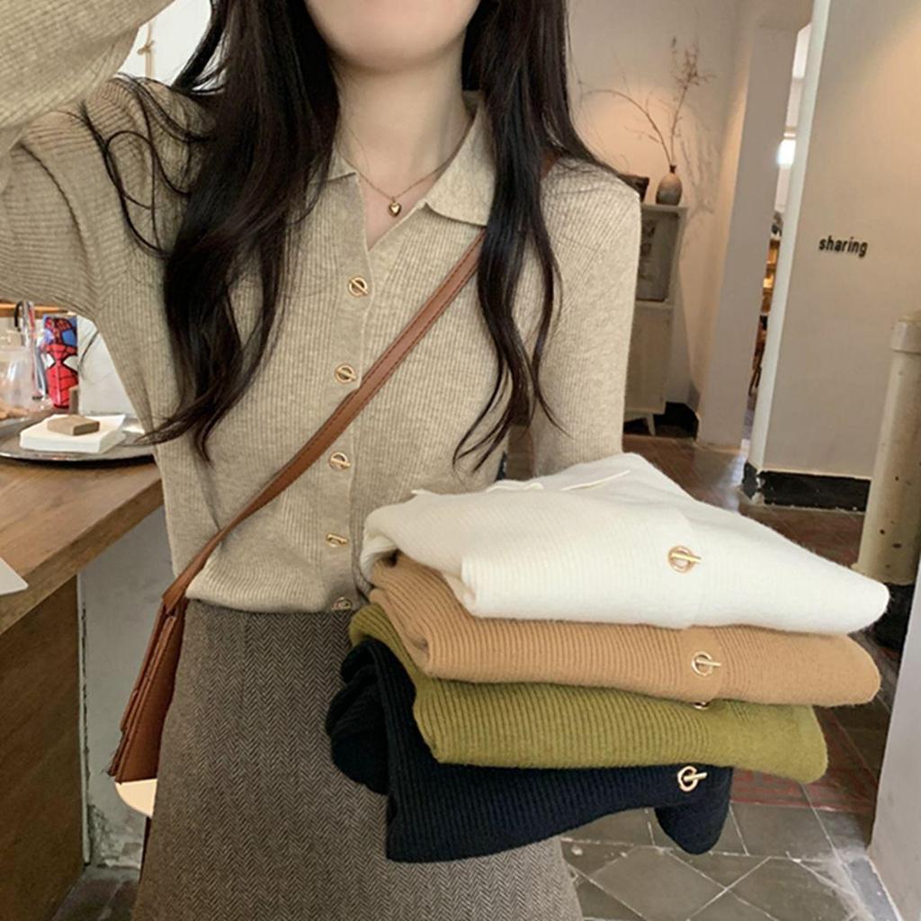 2024 Chic Polo Collar Knit Cardigan Sweater with Buttons for Spring & Autumn