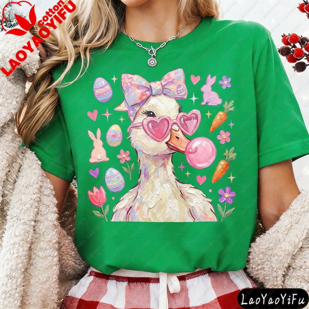 Easter Themed Duck Print T-shirt Cute Cartoon Animal Graphic Tops Women Casual Short Sleeve Crew Neck Holiday Tees