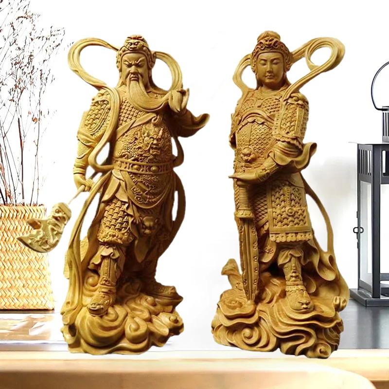 Natural Solid Wood Guan Gong Wei Tuo Protectors Statue Guardian Deity Solid Wood Carving Home RoomOffice Feng Shui Figure Statue