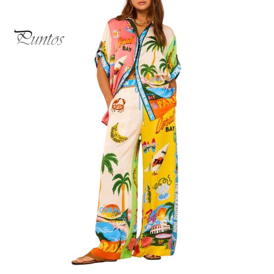 Conjunto de Blusa y Pantalones para Mujer 2 Piezas/Set Camisa Pantalones para Mujer Estilo Vacaciones Hawaii Estampado Colorido Manga Corta de un Solo Botón Ropa de Resort Solapa