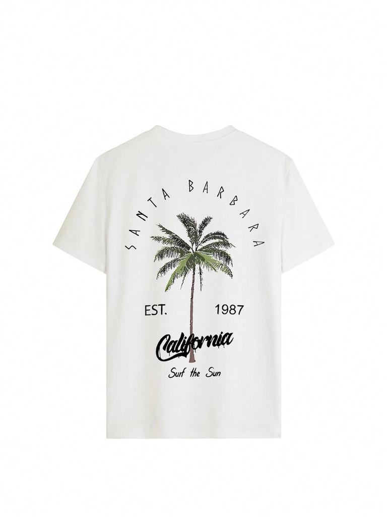 Womens Summer Casual Round Neck Palm Tree  Letter Print Vacation Style Short Sleeve TShirt Top