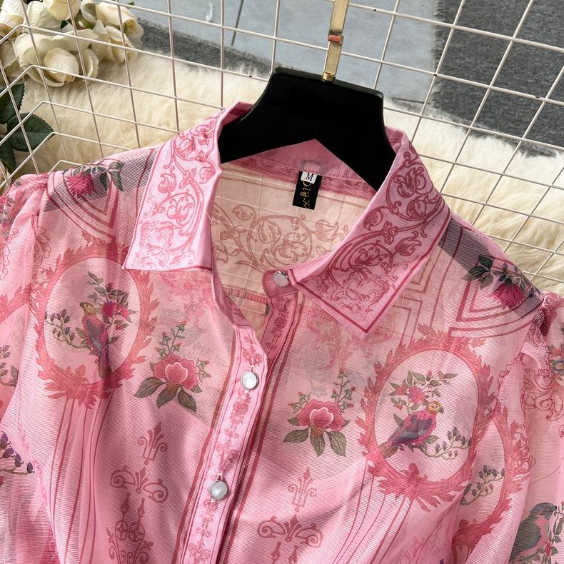 Summer Holiday Beach Long Dress Women's Lapel Long Lantern Sleeve Floral Print Sashes Lace Up Chiffon Loose Dresses