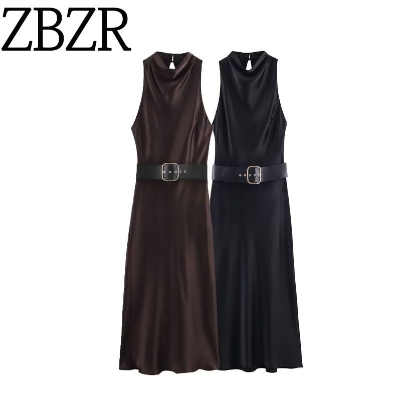 Za Autumn New Women clothes 2025 Western Style With Belt Silk Satin Texture Midi Dress 2277302