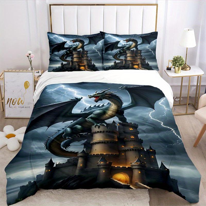 3pcs set Dragon Castle 1 Quilt Cover + 2 Pillowcases, All Seasons Bedroom Setting, Perfect for Home and Dorm Decor a200