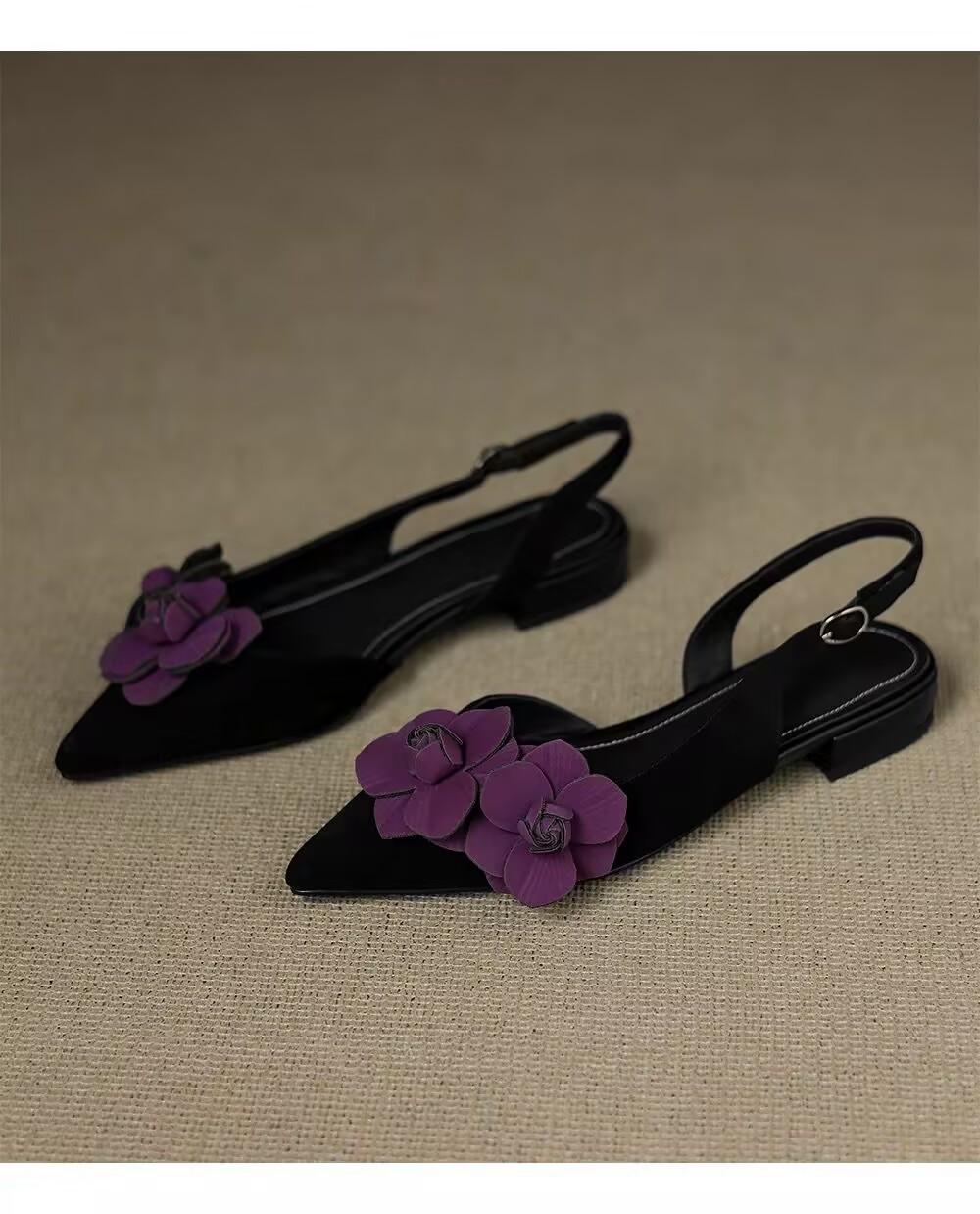 

Модные универсальные сандалии-баотоу с цветком, женские, лето 2025, новые, темпераментные, с острым носком, универсальные, с боковым вырезом, на ремешке сзади 40 чёрный