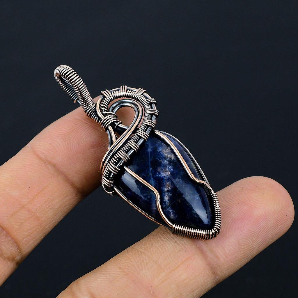 Sodalite Handmade Gemstone Pendant, 999 Copper Wire Wrapped Pendant Antique Jewelry, Pendant For Engagement Gift