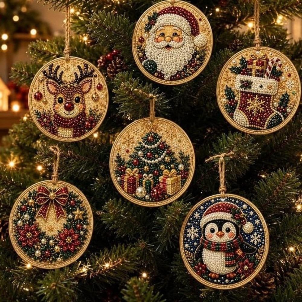 6Pcs Wooden Base Wooden Christmas Ornaments Set Xmas Tree DIY Craft Kit Christmas Party