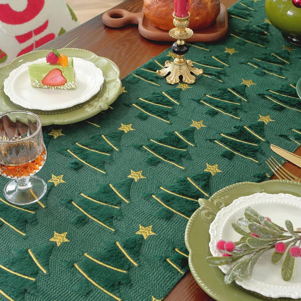 Embroidered Christmas Tree Table Runner Rectangular Long Christmas Table Cover Embossed Design Dining Tablecloth Restaurant