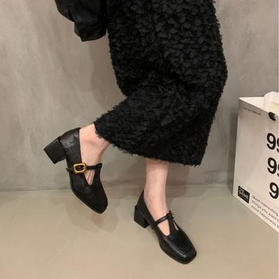 Nischendesign Dicke Ferse Einzelne Schuhe Slipper Frühher Herbst Quadratische Zehenpartie Kleine Lederschuhe Französische Retro Mary Jane Schuhe Damenschuhe