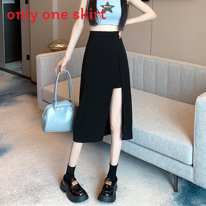 Womens Black Irregular Half Skirt With Slit In Polyester For Street Style Spring Summer