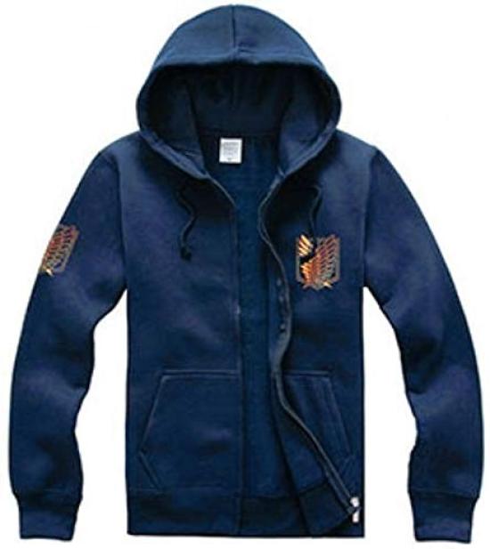 Attack on Titan Wings of Freedom Cosplay Costume Navy Blue with Gold Basement and Necklace (Size L, Wings) - 3-Piece Set Hoodie, Key,