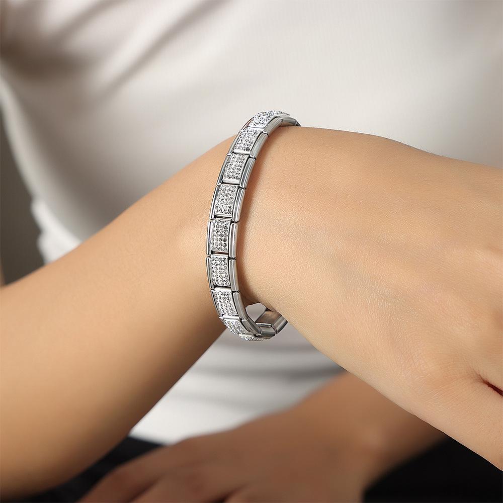 French Light Luxury Full Diamond Square Titanium Steel Elastic Bracelet - Versatile Exquisite Couple Design