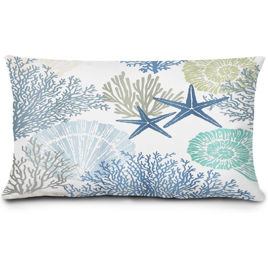 Meet Me at The Beach Pillow Covers 12x20, Coastal Beach Room Decor, Beige Blue Nautical Beachy Lumbar Throw Pillow Covers for Cabin House Bedroom Blue Ocean Elements