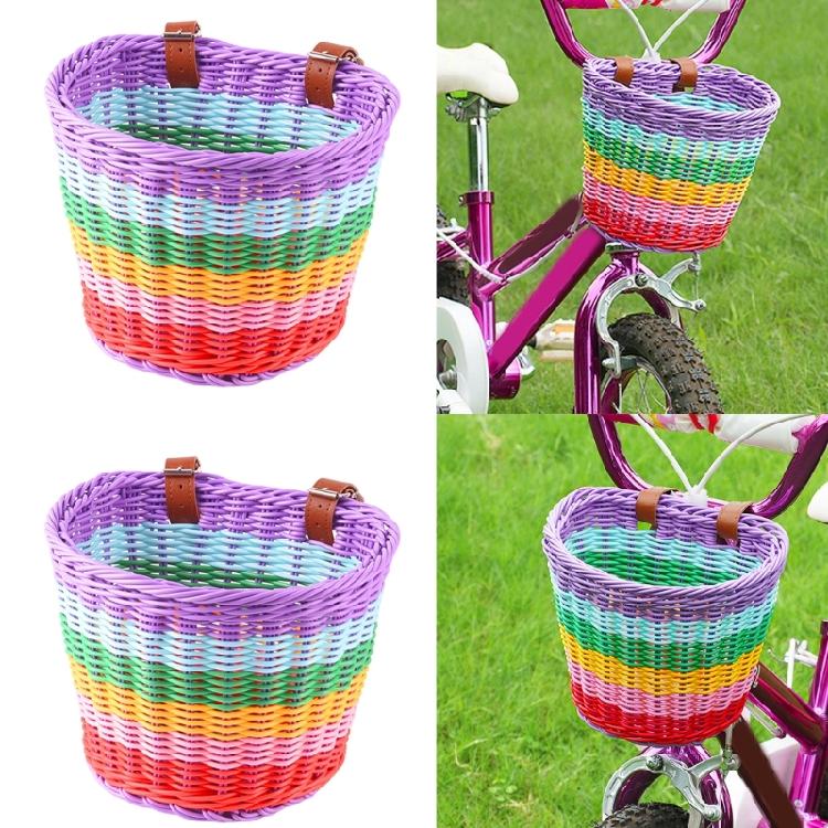 Kids Bikes Front Basket Rainbow Color Plastic Wovens Bikes Basket Easily Install