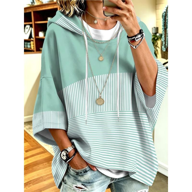 Women's Casual Hooded Sweatshirt in Light Blue Solid Color with Blue and White Thin Stripe Print Patchwork, a Relaxed Style Casual Top